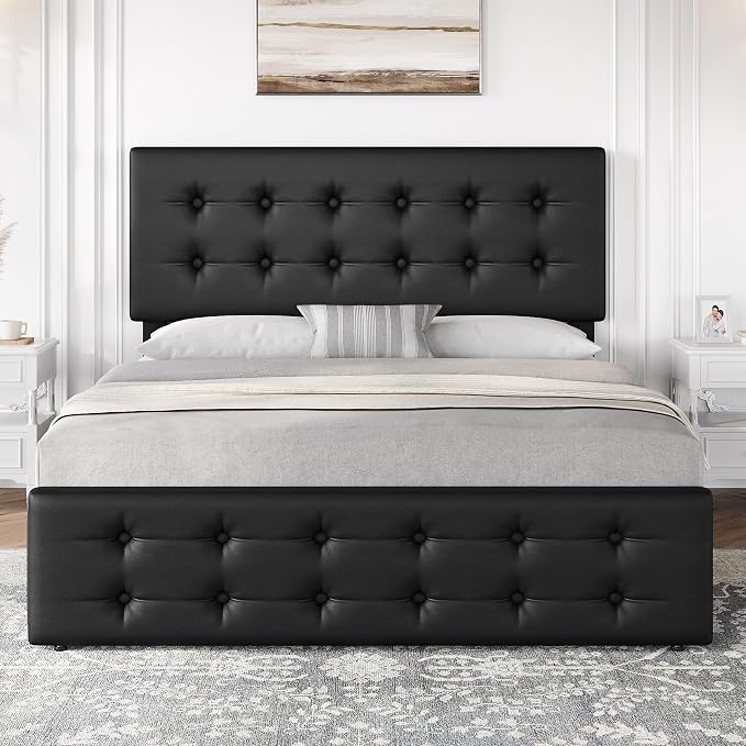 IDEALHOUSE Full Size Bed Frame with 4 Storage Drawers and Headboard, Faux Leather Upholstered Platform Bed Frame with Wooden Slats Support, Button Tufted Design, No Box Spring Needed, Black