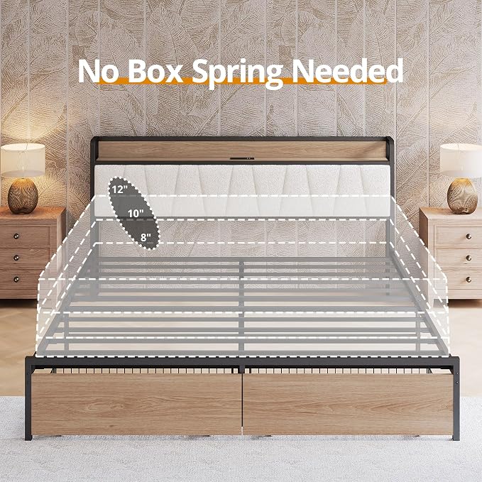 LIKIMIO King Size Bed Frame with 2 Drawers and Charging Station | Platform Bed with Upholstered Storage Headboard, No Box Spring Needed, Easy Assembly, Sturdy, Wood and Cream