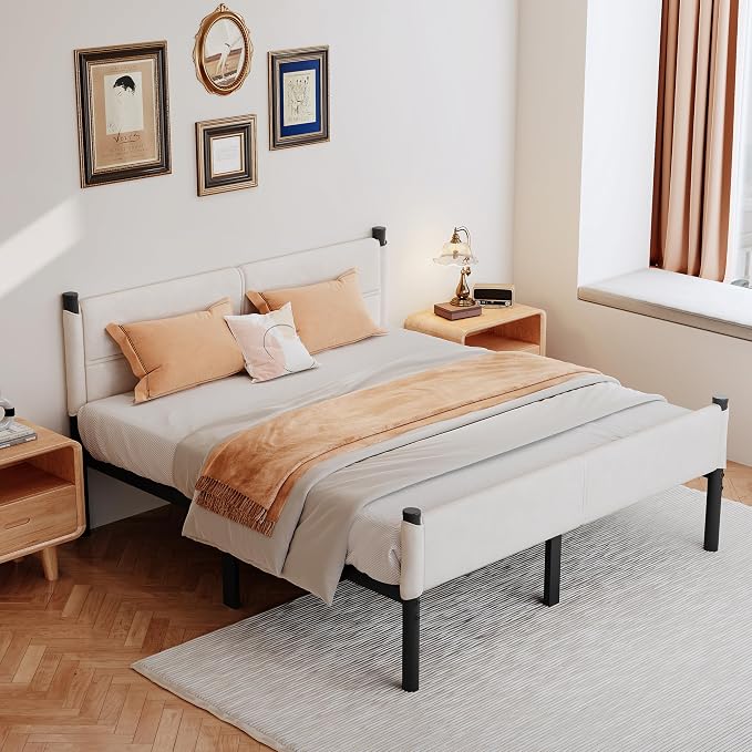 Metal Bed Frame,14Inch Queen Size Bed Frame with Storage Space,Heavy Duty Sturdy Mattress Foundation,Easy Assembly,No Box Spring Needed,Queen White
