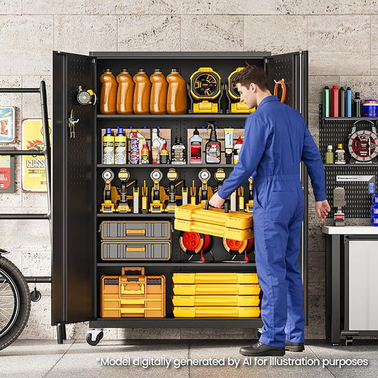 Metal Garage Storage Cabinet with Locking Doors and Adjustable Shelves, Wide & Deep Storage Cabinet on Wheels, 71" Rolling Tool Cabinet for Garage, Basement, Home Office