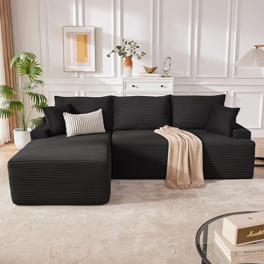 Mangodan Cloud Sectional Sofa, Boneless Couch for Living Room, Modular Sectional Sofa with Deep Seat, Fluffy Comfy Couch with L-Shaped Chaise, No Assembly Required, Black