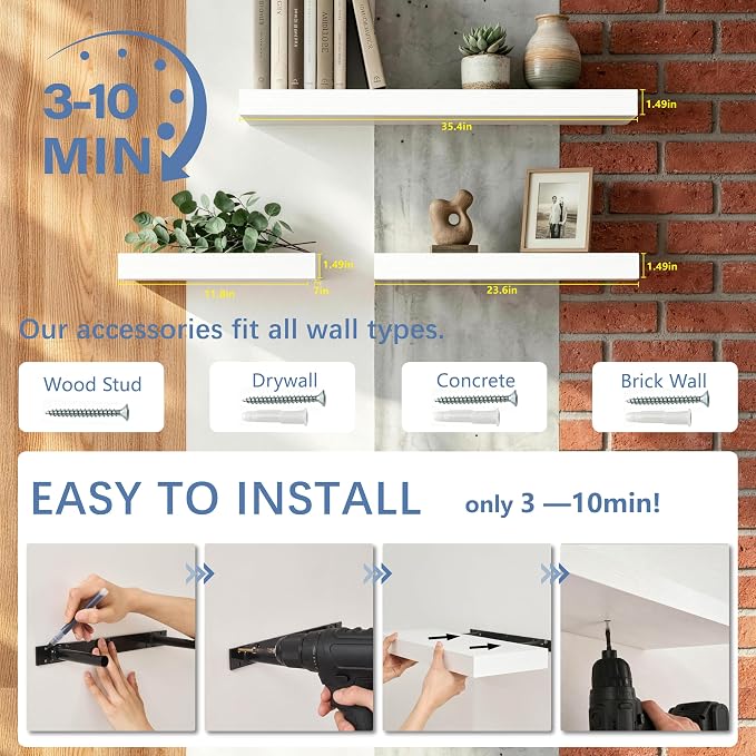 White Floating Shelves Set of 2, 24 Inch Wall Mounted Wood Shelves for Bathroom Over Toilet, Bedroom, Living Room, Kitchen & Office Storage, Modern Display Shelves