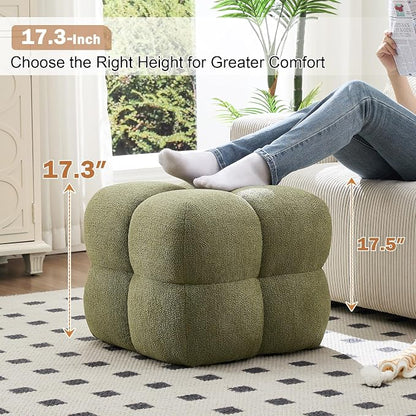 Zesthouse Square Pouf Ottoman Footstool, Modern Backless Vanity Chair for Bedroom, Green Boucle Foot Rest for Couch, Upholstered Tufted Footstool, Poofy Fabric Ottoman Coffee Table for Living Room