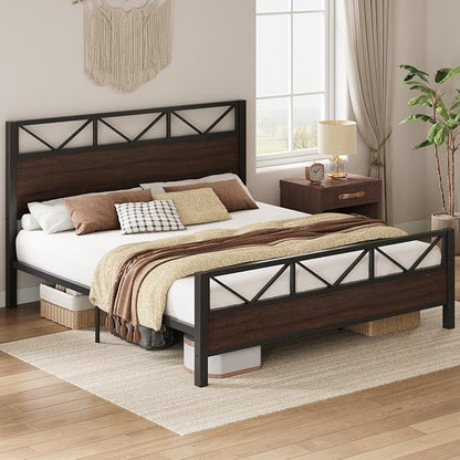 LIKIMIO California King Bed Frame, Tall Industrial Headboard 51.1 ", Platform Bed Frame with Strong Metal Support, Solid and Stable, Noise Free, No Box Spring Needed, Easy Assembly, Dark Brown