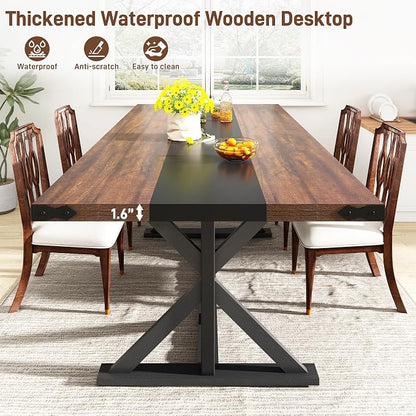 70 INCH Dining Room Table for 4-6 People,Wooden Rectangular Kitchen Table W/Waterproof Thickness Tabletop,Farmhouse Long Dinner Table W/Adjustable Leg for Dining Room,Living Room,Office(Brown&Black)