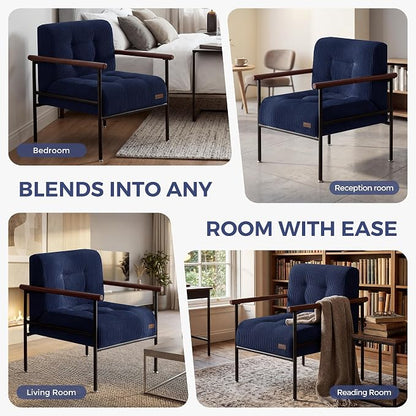 MAXYOYO Living Room Accent Chair, Modern Chair with Sturdy Metal Frame & Wood Armrests, Upholstered Reading Chair with Upholstered Cushion for Bedroom Balcony Porch, Navy