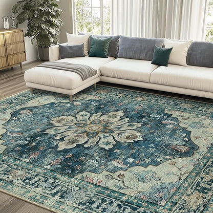 RELEANY Area Rugs Large 9'x12' Washable Non-Slip, Floral Vintage Distress Medallion Carpet for Living Room Bedroom Dining Room, Dark Blue Vintage