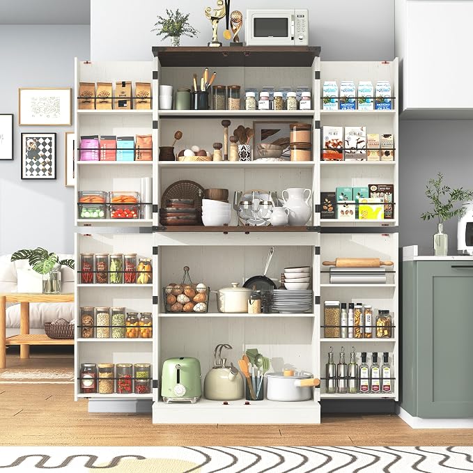 71" Tall Kitchen Pantry Cabinet, Farmhouse Tall Kitchen Storage Cabinet with Adjustable Shelves & 4 Barn Style Doors, Wooden Storage Cabinet for Kitchen, Dining Room, Living Room, Bathroom, Office