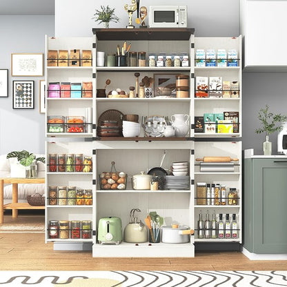 71" Tall Kitchen Pantry Cabinet, Farmhouse Tall Kitchen Storage Cabinet with Adjustable Shelves & 4 Barn Style Doors, Wooden Storage Cabinet for Kitchen, Dining Room, Living Room, Bathroom, Office
