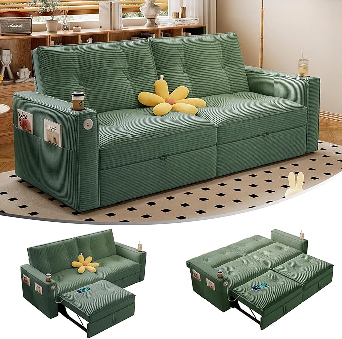 73.2'' Futon Sofa Bed Full Size, Pre-Assembled Pull Out Couch, Adjustable Backrest, Corduroy Convertible Sleeper Sofa, 2 Cup Holders, Pockets, USB, Loveseat for Living Room, Apartment, Green | Soft Material