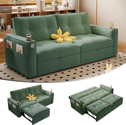 73.2'' Futon Sofa Bed Full Size, Pre-Assembled Pull Out Couch, Adjustable Backrest, Corduroy Convertible Sleeper Sofa, 2 Cup Holders, Pockets, USB, Loveseat for Living Room, Apartment, Green | Soft Material