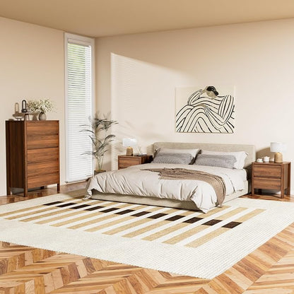 Furniway Walnut Mid-Century Modern 3 Piece Bedroom Furniture Set, 5 Drawer Dresser with Handleless Wood Grain Design and Nightstands Set of 2, Minimalist Storage Dresser for Bedroom