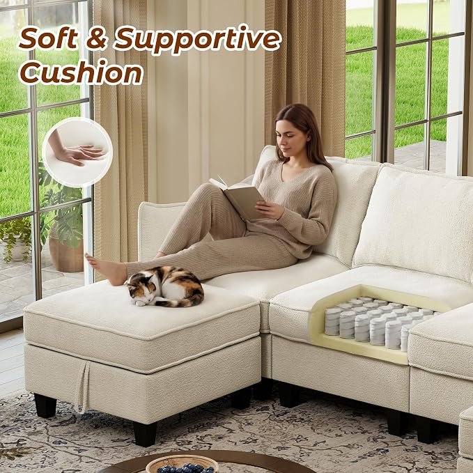 WorthFurni 112" Modular Sectional Sofa U Shape Couches with Storage Ottoman and Washable Cushion Cover for Living Room, Bedroom, Apartment(Beige)