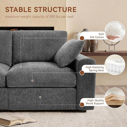 Ihanherry Cloud Sectional Couches for Living Room, 110" Large Modular Sectional Sofa with Wide Deep Seat, L Shaped Couch with Throw Pillow and Storage Ottoman, Dark Grey
