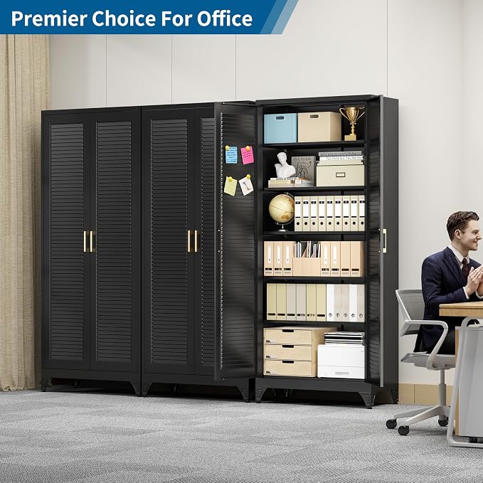 75" Metal Storage Cabinet with 5 Adjustable Shelves, Large Black Steel Pantry Cabinet with Doors, 180 lbs Max Load Per Shelf, Heavy Duty Utility Organizer for Garage & Workshop