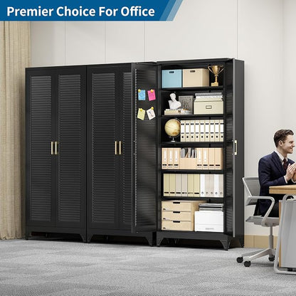 75" Metal Storage Cabinet with 5 Adjustable Shelves, Large Black Steel Pantry Cabinet with Doors, 180 lbs Max Load Per Shelf, Heavy Duty Utility Organizer for Garage & Workshop