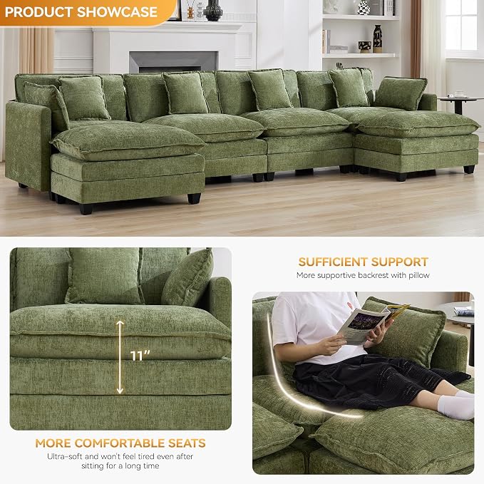 147'' Sectional Cloud Deep Seat Couch, Oversized Chenille U Shaped Sectional Sofa for Living Room Set, Comfy Upholstered Modular Sectional Sofa Couch with Movable Ottoman, Green
