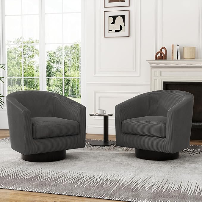 Swivel Accent Chairs Set of 2, Corduroy Barrel Club Chair Upholstered Armchair for Living Room, Round Arm Chair Bedroom Single Sofa Reading Seat - Gray