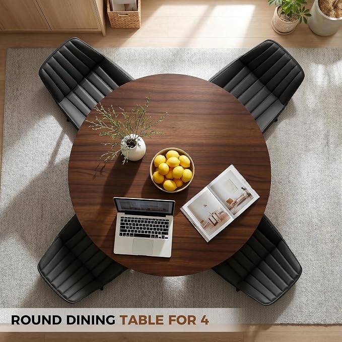 Miereirl 47.3 Inch Round Dining Table Set for 4, Round Kitchen Table with Chairs, Space Saving Dining Room Table Set with Storage Shelf for Apartment Kitchen Dining Room, Walnut Table+4 Black Chairs