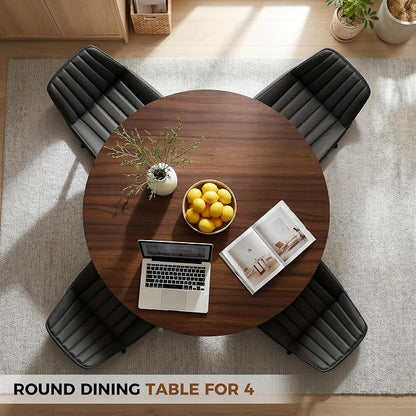 Miereirl 47.3 Inch Round Dining Table Set for 4, Round Kitchen Table with Chairs, Space Saving Dining Room Table Set with Storage Shelf for Apartment Kitchen Dining Room, Walnut Table+4 Black Chairs