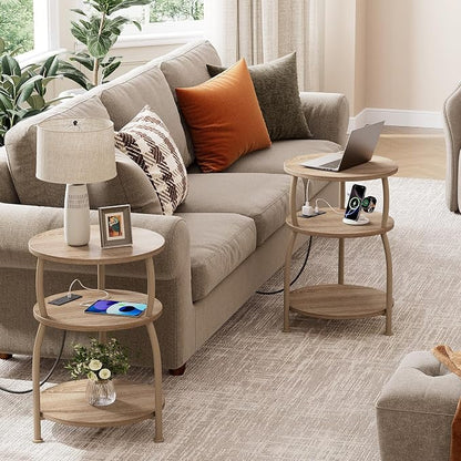 Round Side Table with Power Outlet & USB Ports, 3-Tier End Table with Storage Shelf, 15.7" Wide Nightstand for Small Spaces, Tall Bedside Table Capable of Charging Laptops & Phones, Rustic Brown