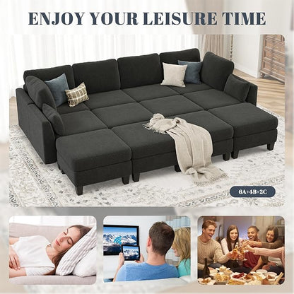 Sectional Sleeper Sofa, 6 Seaters Modular Sleeper Sofa Couch, Comfy Sectionals Couches Bed, Convertible Sofas with Ottomans, Modular Sectional Couches for Living Room, Dark Grey