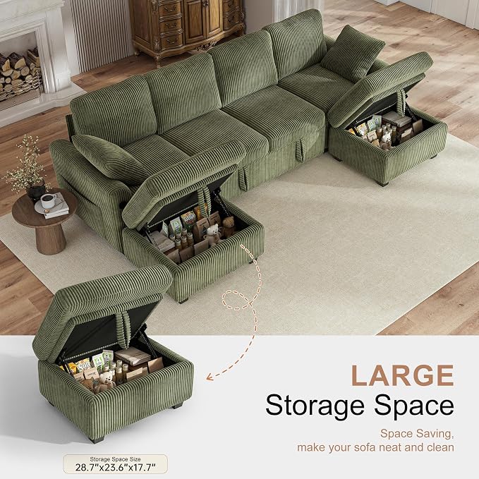 Hanherry 104" Sectional Sofa with Pull Out Couch Bed,Corduroy 4 Seater Sleeper Sofa with Storage Ottoman & USB Charging,Comfy U Shaped Modular Couches for Living Room,Apartment