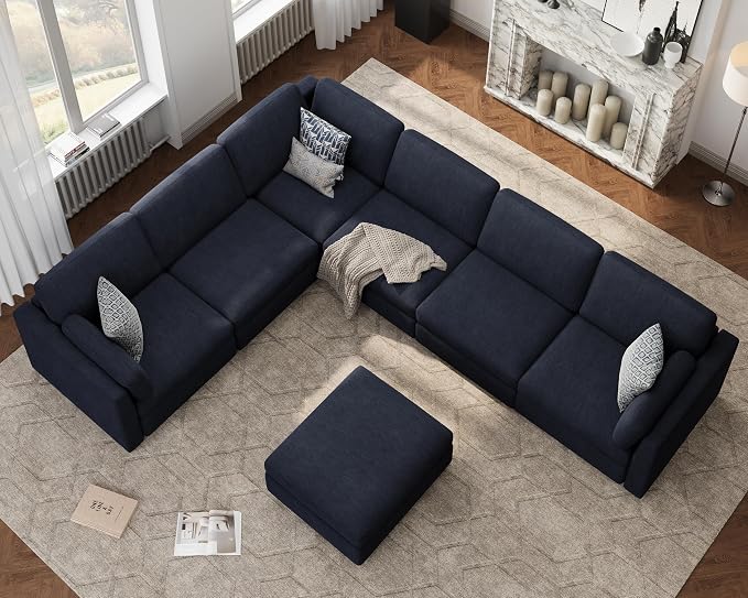 Oversized Modular Sectional Sofa V-Shaped Cloud Couches Blue | Large Deep Seat Couch for Living Room, 7-Seater Luxury Corner Sofa with Ottoman, Solid Wood Frame, Removable Washable Cover