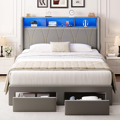 Allewie Queen Bed Frame with 2-Tier Storage Headboard, Charging Station & LED Light, Velvet Upholstered Platform Bed with 2 Drawers, Wingback Headboard, Gold Button Tufted, No Box Spring Needed, Grey