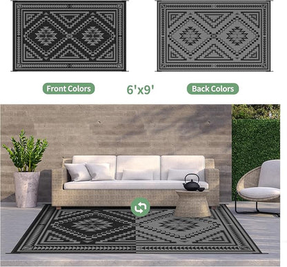 GENIMO Outdoor Rug for Patio Clearance - 6x9 ft Waterproof Plastic Camping Rugs, Reversible Outside Rv Mat Carpet for Porch, Deck, Picnic, Balcony, Beach, Backyard, Black Grey