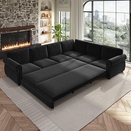 118" L-Shaped Sleeper Couch Bed - Oversize Convertible with Pull-Out Sofa Bed, Button Tufted Chesterfield Sofa, Chenille Sectional Vintage Couches for Living Room/Apartment(6-Seater, Black)
