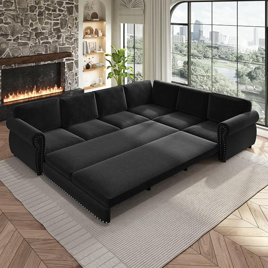 118" L-Shaped Sleeper Couch Bed - Oversize Convertible with Pull-Out Sofa Bed, Button Tufted Chesterfield Sofa, Chenille Sectional Vintage Couches for Living Room/Apartment(6-Seater, Black)