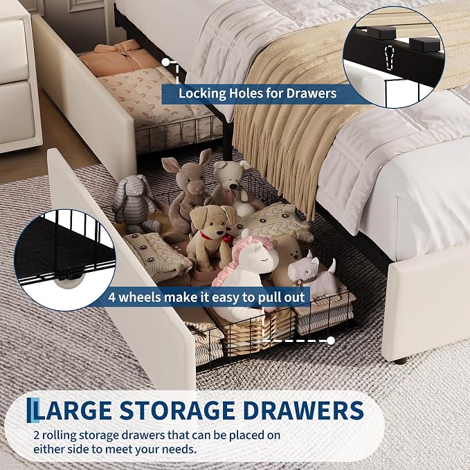 GarveeHome Twin XL Bed Frame with Storage Headboard, Kids Bed Frame with 2 Drawers, Velvet Upholstered Platform Bed Frame with Lights, No Box Spring Needed, Easy Assembly, Velvet White