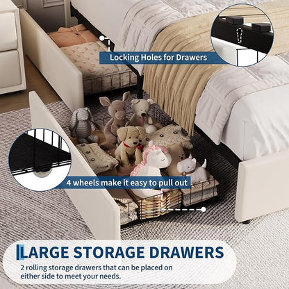 Garvee Twin Size Bed Frame with 2 Flexible Drawers, Velvet Upholstered Platform Bed Frame with Bookcase Headboard and LED Lights, Kids Bed for Girls, Easy Assembly, Noise Free, Beige