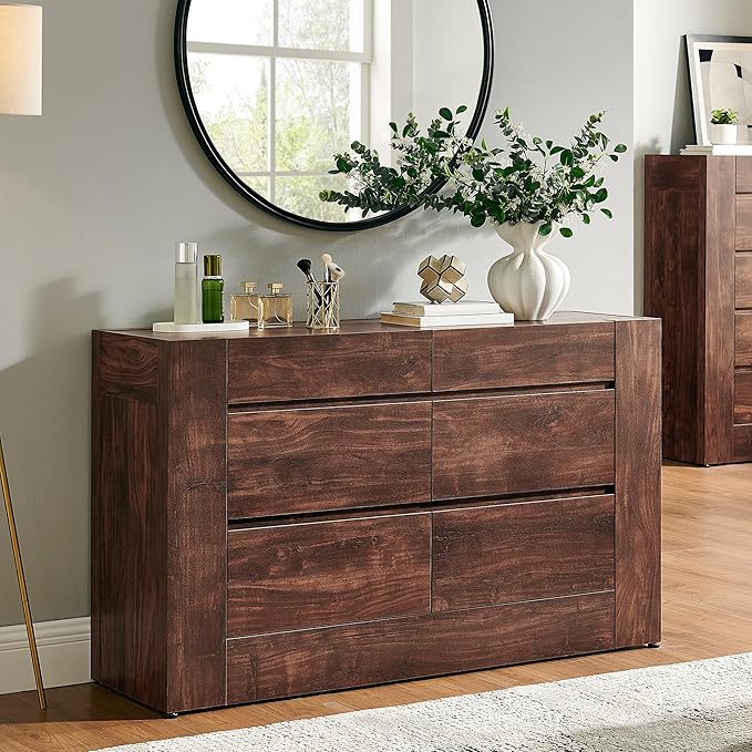 OKD 6 Drawer Dresser for Bedroom, 54" Wide Chest of Drawers with Thick Wood Design, Handleless, Modern Bedroom Dresser, Storage Organizer for Living Room/Entryway/Hallway, Dark Walnut