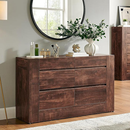OKD 6 Drawer Dresser for Bedroom, 54" Wide Chest of Drawers with Thick Wood Design, Handleless, Modern Bedroom Dresser, Storage Organizer for Living Room/Entryway/Hallway, Dark Walnut