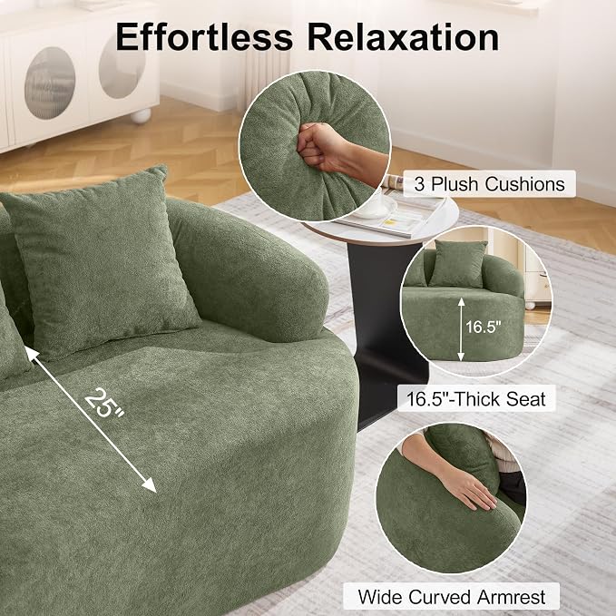 65" Curved Loveseat Sofa, Deep Seat Love Seat Couches with 3 Throw Pillows, Modern 2 Seater Boneless Curved Couch, Compressed Floor Sofa for Living Room Small Spaces, No Assembly, Green