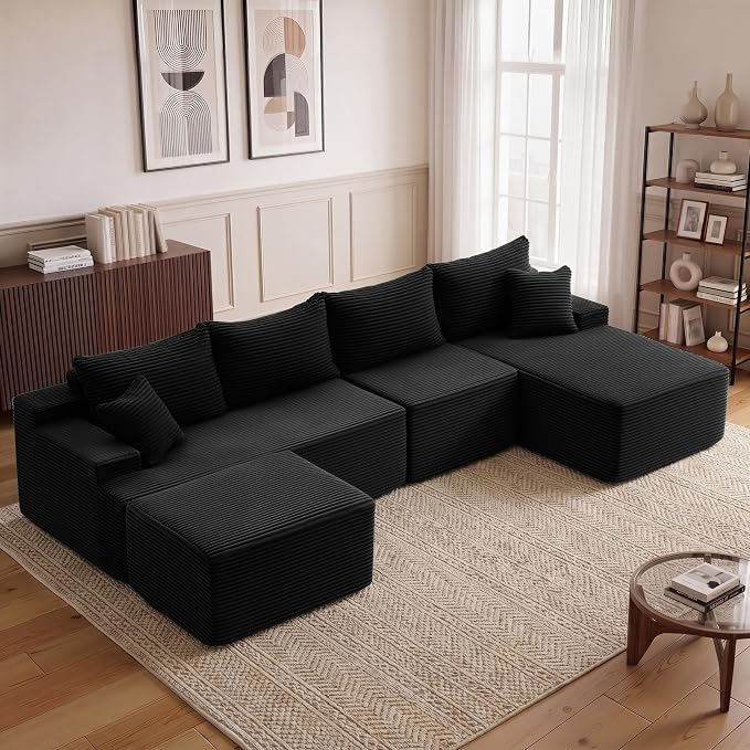 Mangodan 118'' Cloud Sectional Couch, U Shaped Boneless Couches for Living Room, Modular Sectional Sofa with Deep Seat Right Facing Chaise, Comfy Cloud Couch Sofa, Black