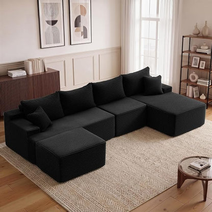 Mangodan 118'' Cloud Sectional Couch, U Shaped Boneless Couches for Living Room, Modular Sectional Sofa with Deep Seat Right Facing Chaise, Comfy Cloud Couch Sofa, Black