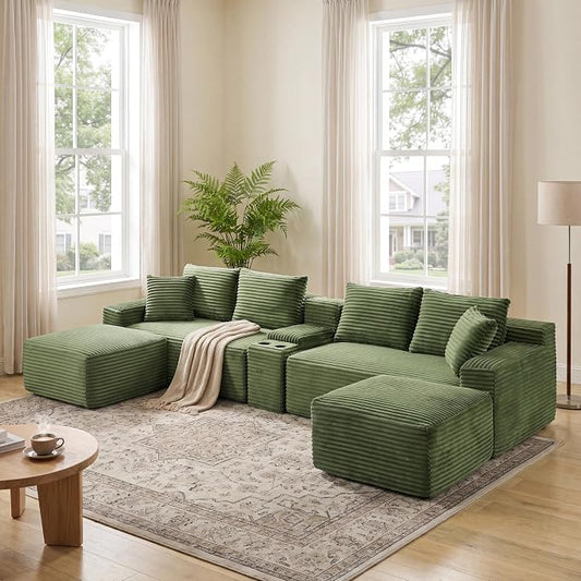 127" U-Shaped Cloud Sectional Couch Oversized Modular Compressed Boneless Sectional Sofa with Ottoman Chaise Lounges & Console, Plush Corduroy Boneless Symmetrical Sofa