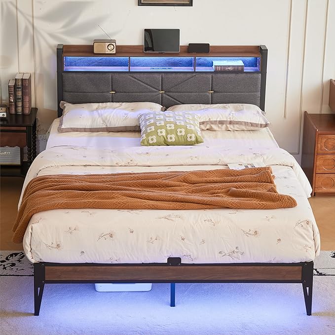 Full Size bed frame with headboard, Upholstered Platform Bed Frame with Charging Station, Dual LED Light Strips, 2-Tier Storage Shelves, Heavy Duty Metal frame, Noise-Free, No Box Spring Needed, Black