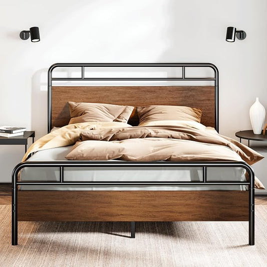 SHA CERLIN Full Size Bed Frame with Wooden Headboard and Footboard, Rounded Corner Metal Structure, Heavy Duty Slats with Under-Bed Storage, No Box Spring Needed, Walnut