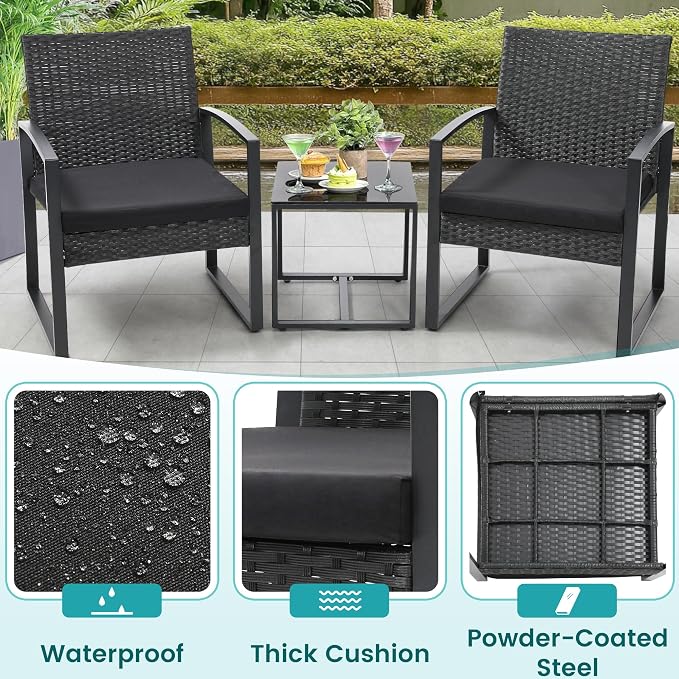 3 Piece Outdoor Wicker Bistro Set, Rattan Patio Conversation Set with Coffee Table & Washable Cushions for Porch Yard Balcony, Black/Black
