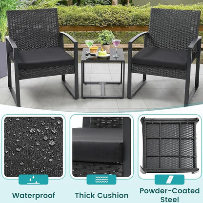 3 Piece Outdoor Wicker Bistro Set, Rattan Patio Conversation Set with Coffee Table & Washable Cushions for Porch Yard Balcony, Black/Black