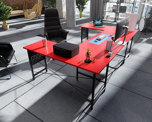 Pamray 71 Inch Large Computer Desk with Power Outlets,U Shaped Corner Desk for Home Office Work and Gaming Red