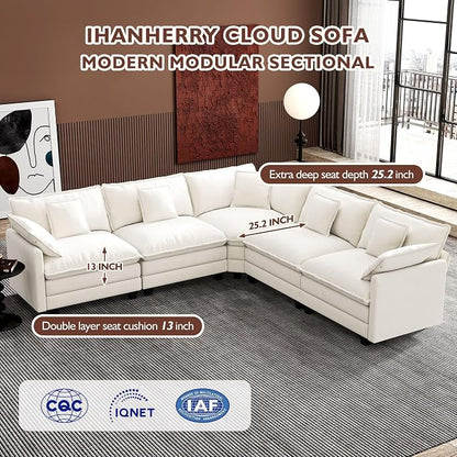 Ihanherry 114" V-Shaped Modern Sofa Modular Sectional Cloud Couch with Corner Section, 5-Seat Chenille Deep Seat Sofa with 5 Pillows for Living Room, Bedroom and Apartment, Beige