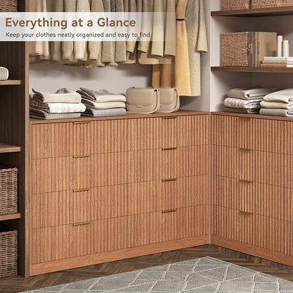 8 Drawer Dresser for Bedroom, 55" Wide Fluted Chest of Drawers with Gold Metal Handles, Modern Wooden Dresser, Closet Storage Organizer Mid Century TV Stand for Living Room Hallway Light Walnut