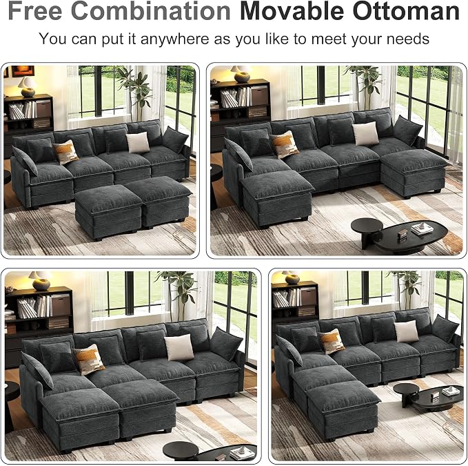 107" Cloud Couch Sectional, U Shaped Modular Sectional Sofa, 4-Seat Deep Seat Couch with 6 Removable Washable Pillows and 2 Ottoman for Living Room, Bedroom, Apartment, Black Grey