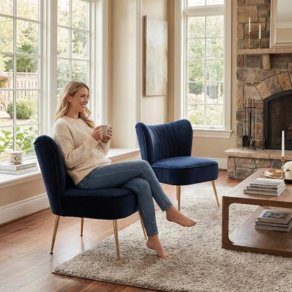 DUOMAY Modern Accent Chair Set of 2 Velvet Slipper Chair with Gold Legs Wingback Side Chair for Living Room Bedroom Entryway Small Corner Chair for Space Saving, Blue
