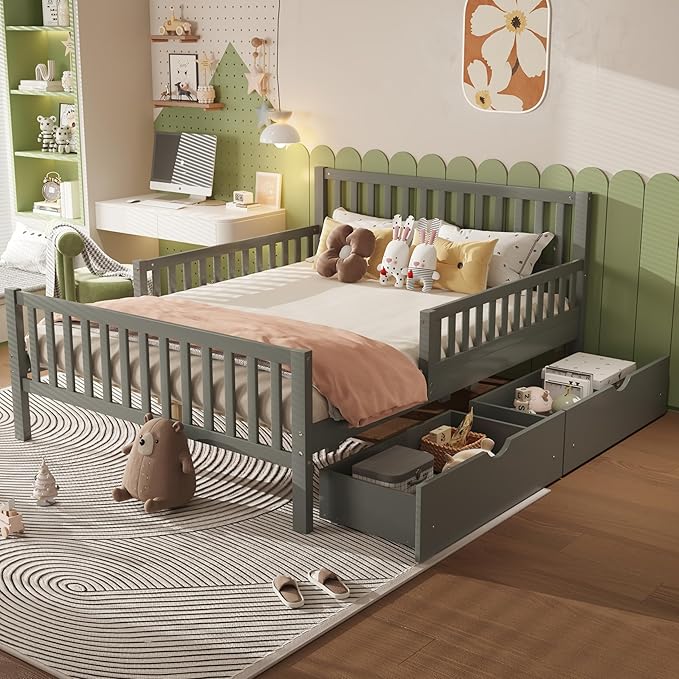 Bellemave Kids Full Bed Frame with Fences and 2 Drawers, Full Size Wooden Platform Bed with Guardrails on Both Sides for Boys Girls, Grey